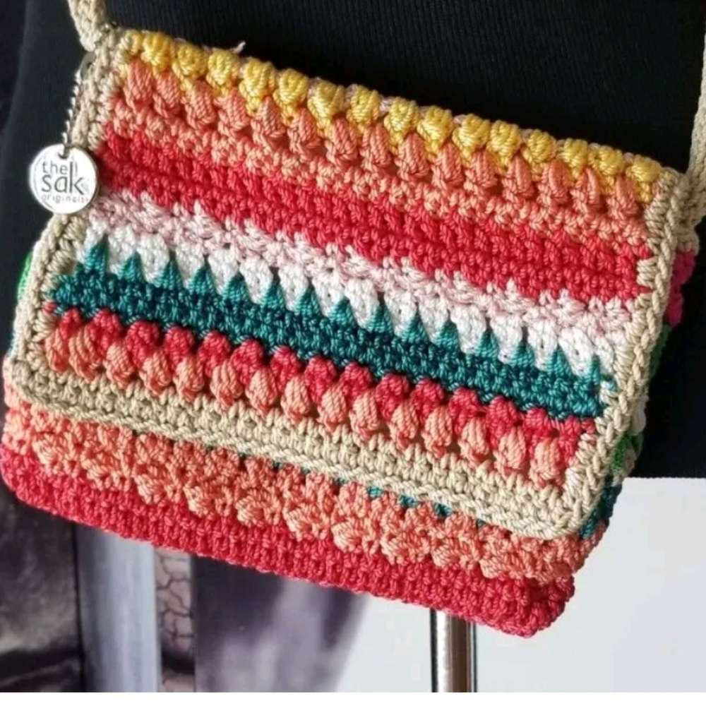 The SAK Multicolored Striped Crochet Medium Crosssbody Purse Bag Flap 7.5” x 6''
